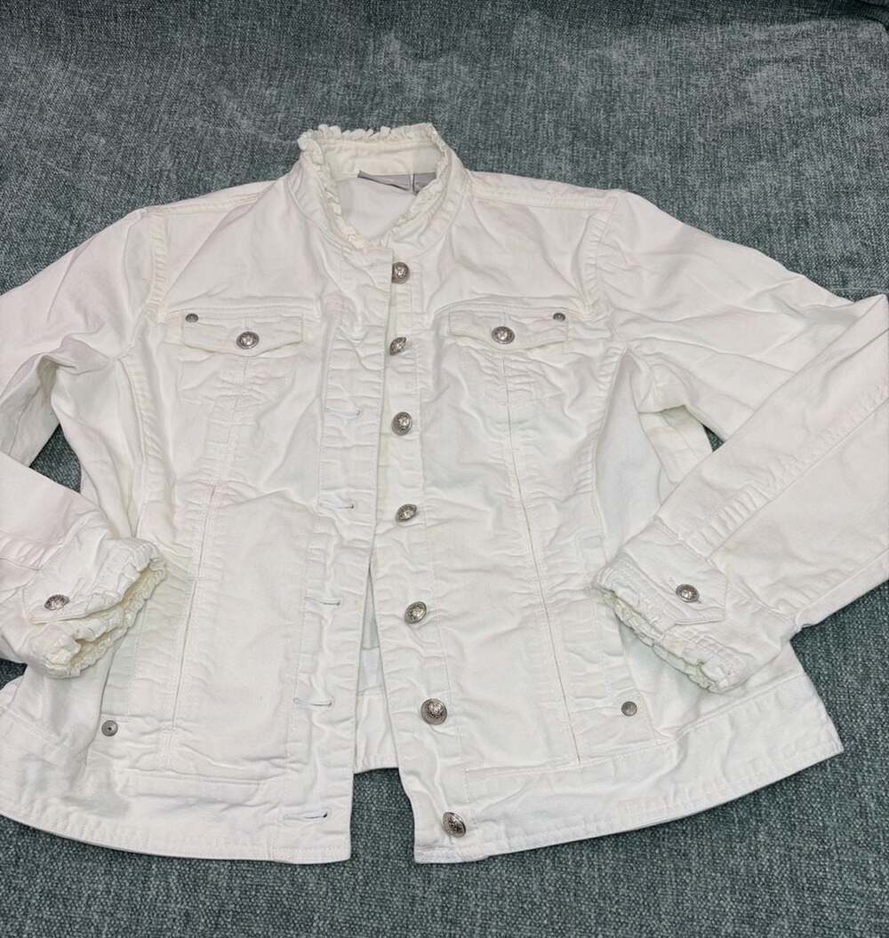 Chico's Platinum White Jean Jacket Ruffle Trim Size 1-Medium